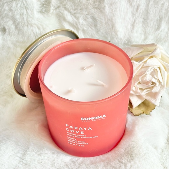 New with tags SONOMA PAPAYA COVE SCENTED CANDLE with Essential Oils 13oz 3 wick - Picture 3 of 6
